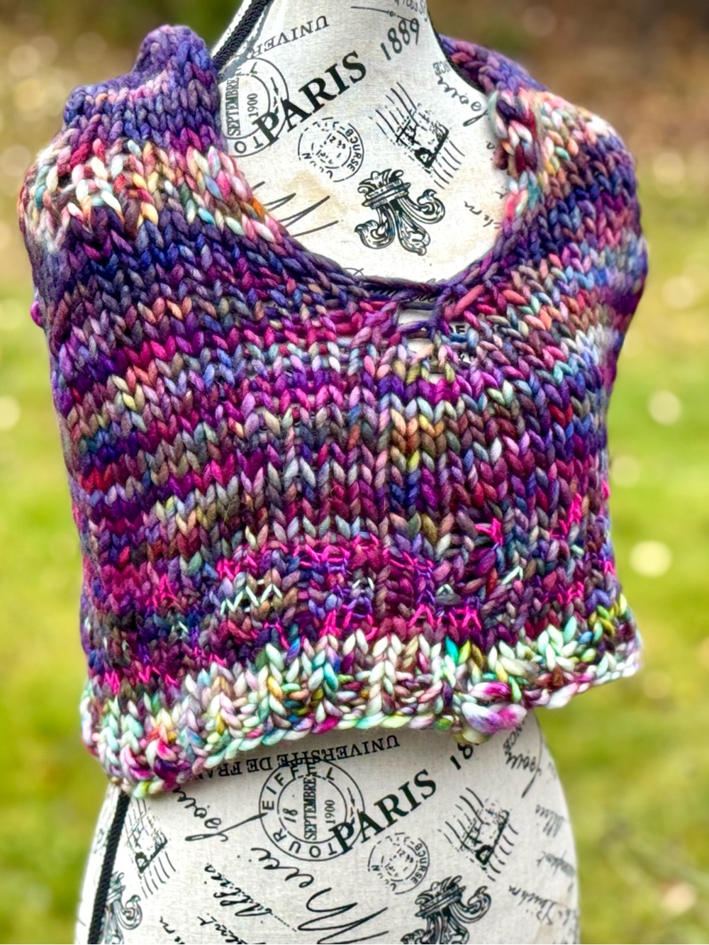 Hand-Knit Multicolor Purple Hooded Caplet